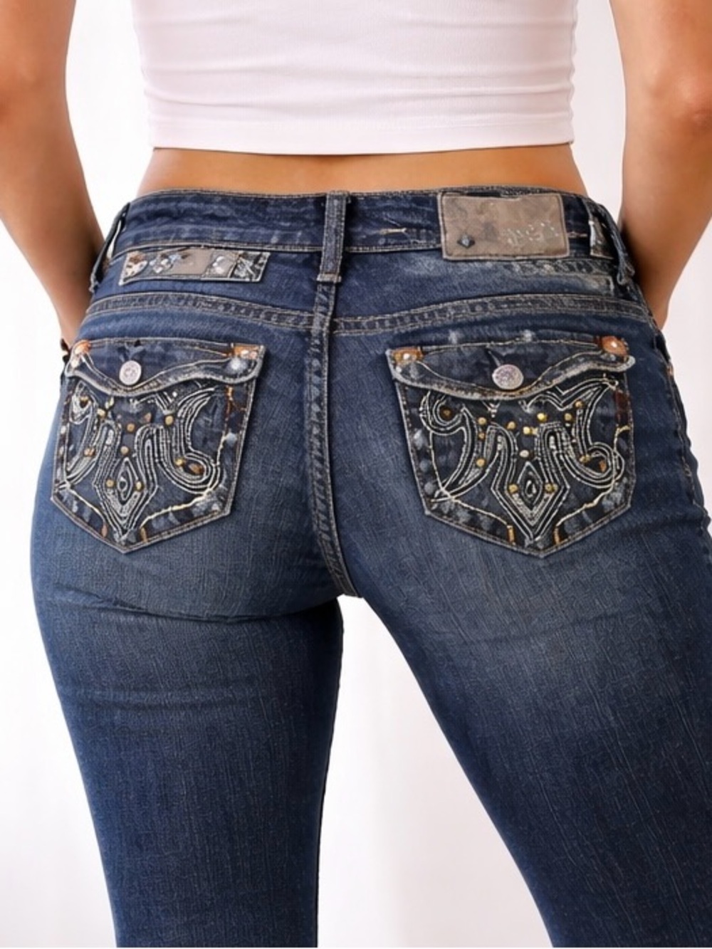MEK Denim Brighton Easy Bootcut Jeans Size 28 Dark Wash Rhinestone Pocket